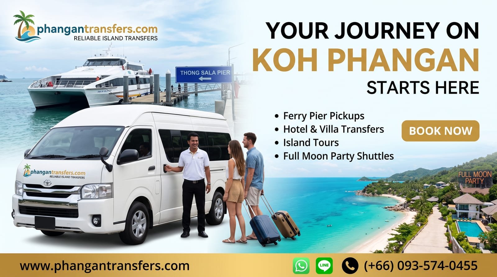 Phangan Transfers — reliable Koh Phangan island transfers: ferry pier pickups, hotel & villa transfers, island tours and Full Moon Party shuttles. Book now.